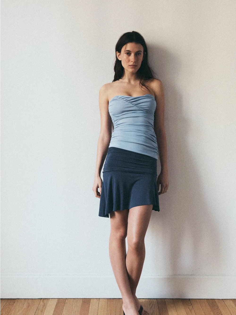 Zara Viral Strapless Ruched Gathered Top – Mid Blue